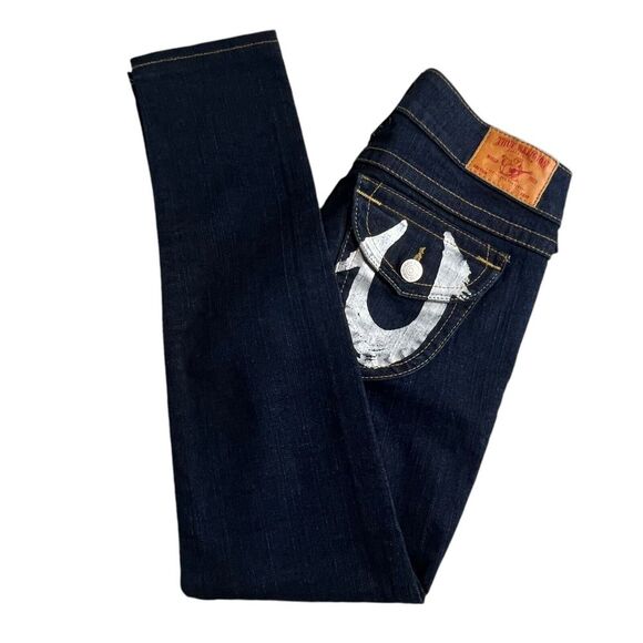 True Religion World Tour Womens 27 Dark‎ Wash Low Rise Flap Pocket Skinny Jeans - Picture 1 of 9